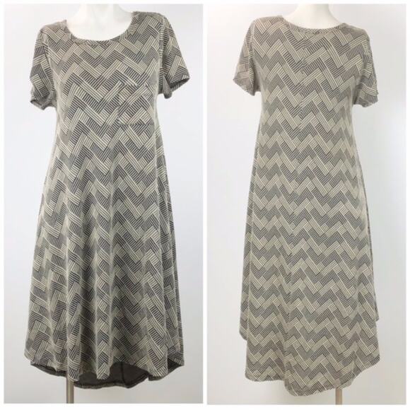 2/$30 Lularoe XS Womens Carly Unicorn Blakc Beige Chevron Midi Dress - Picture 1 of 7